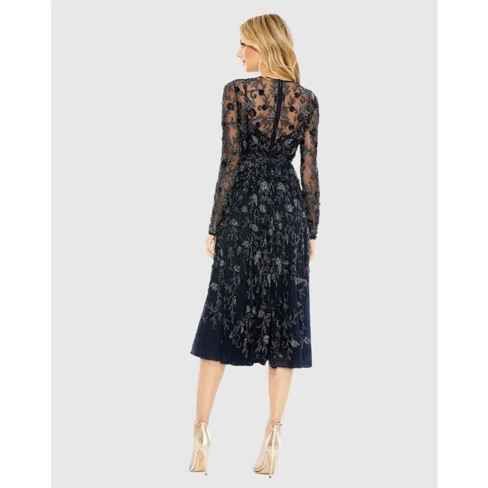 Mac Duggal 10799 Beaded Illusion A-Line‎ Dress Women Size 4 Navy Blue NEW